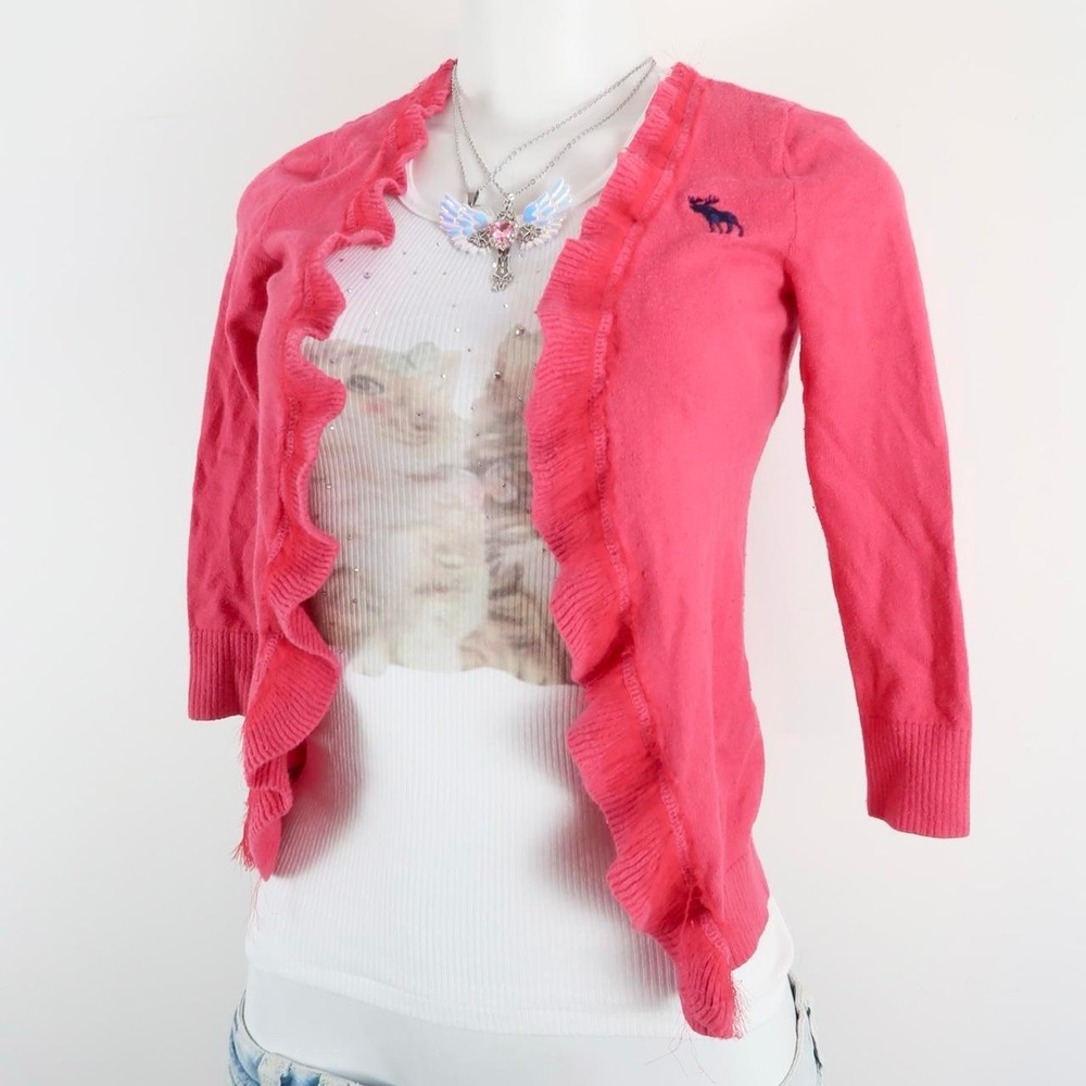 y2k pink ruffle cardigan abercrombie fitted sweater